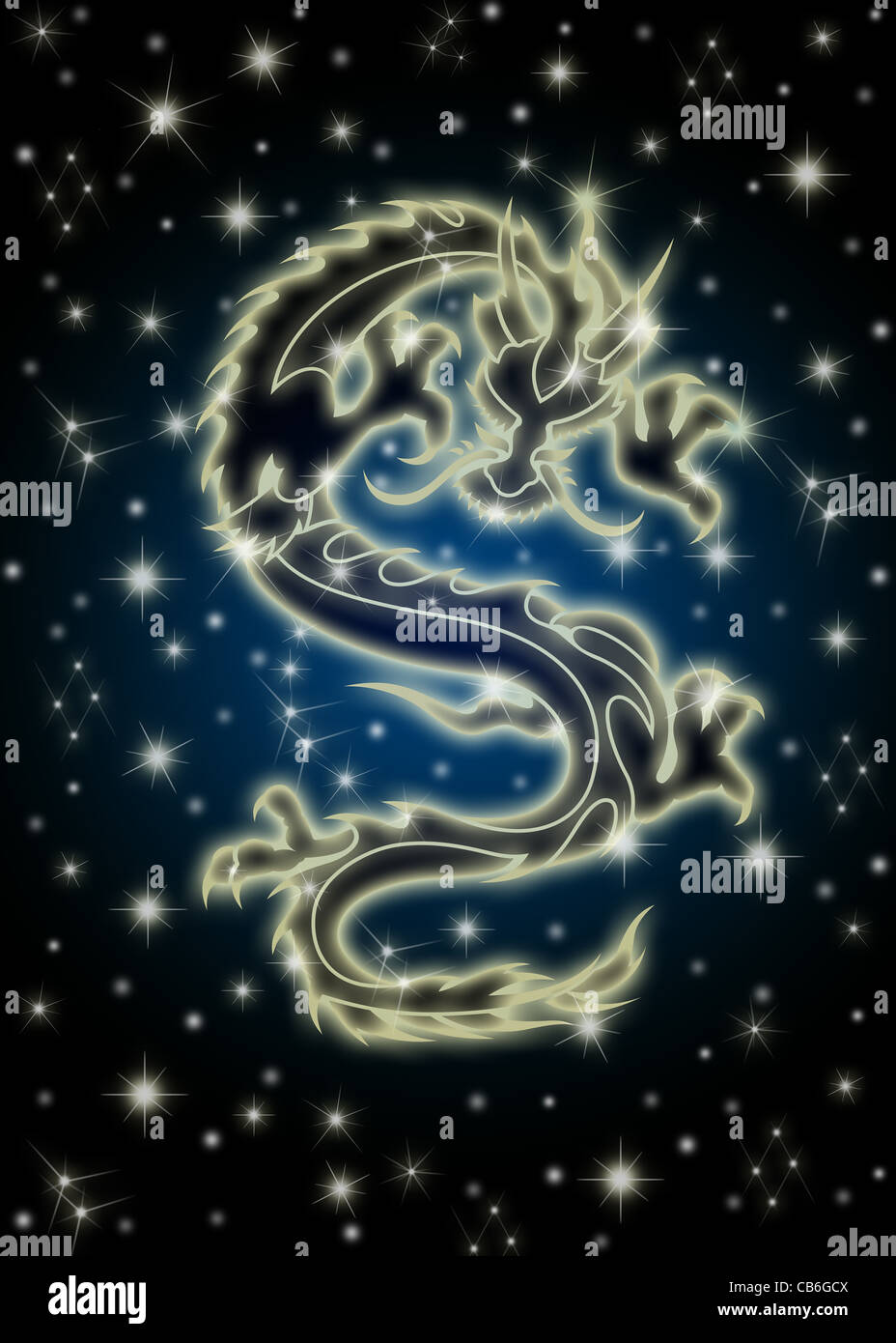 Signe Chinois Dragon Volant dans le ciel nocturne étoilé céleste Illustration Banque D'Images