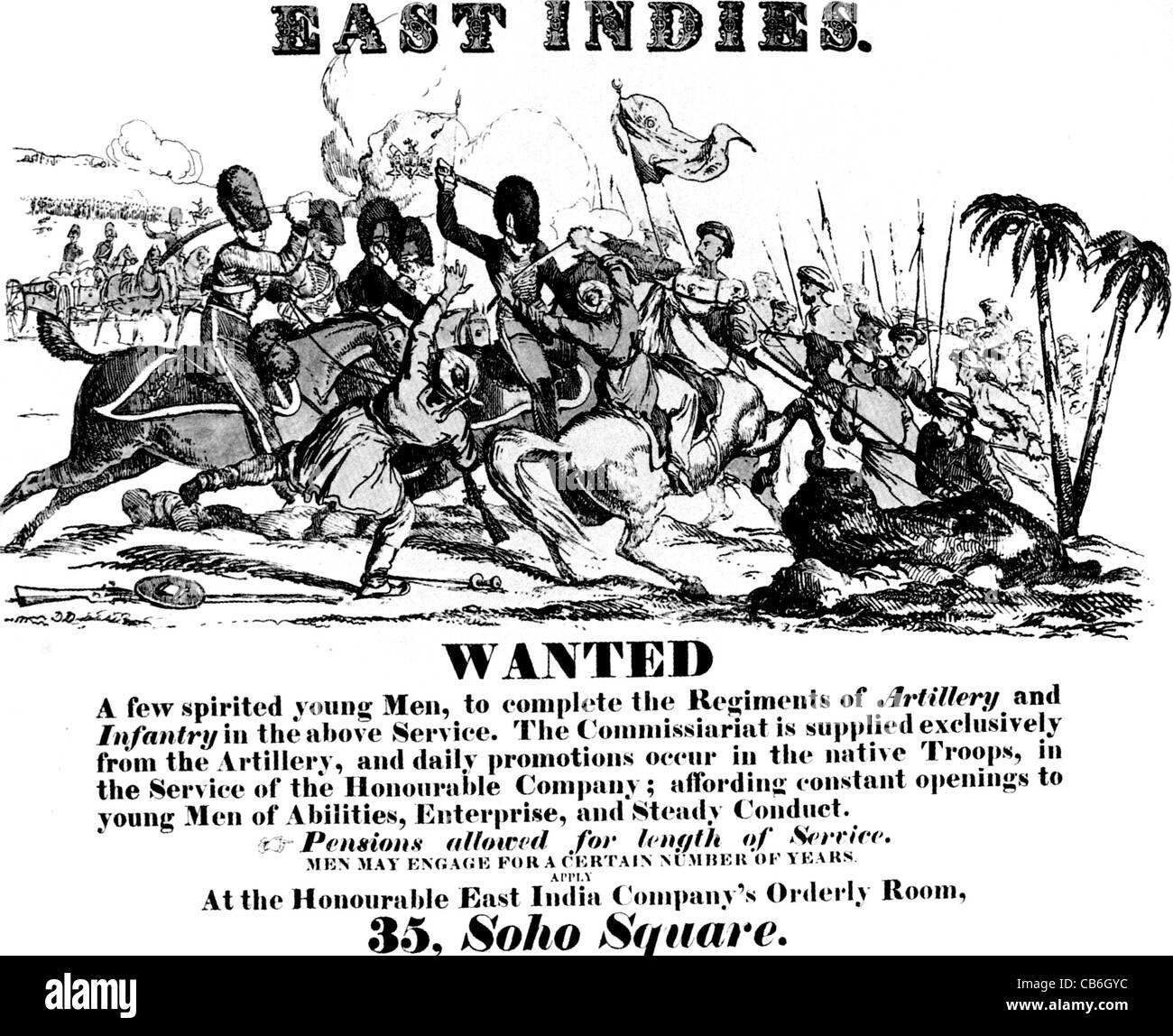 Honorables EAST INDIA COMPANY À propos de affiche de recrutement 1810 Banque D'Images