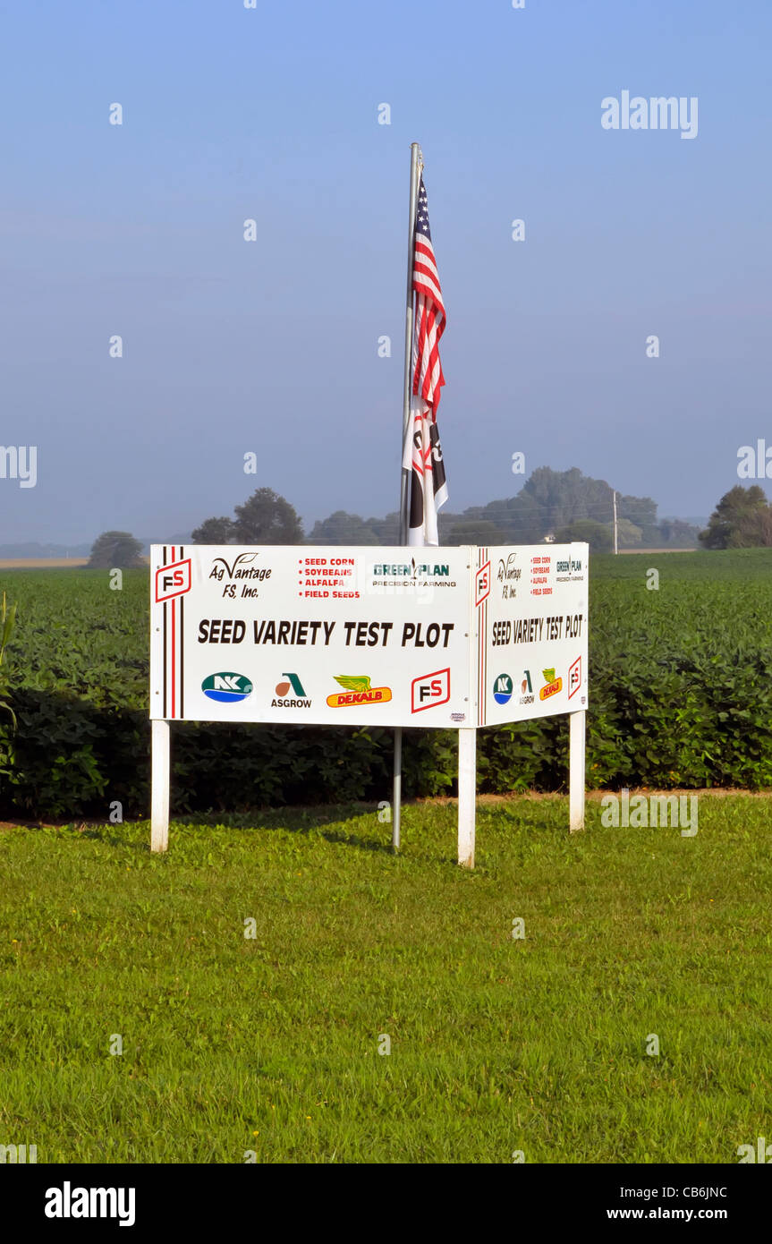 Variété de semences de l'Iowa Farm field test pour le maïs de semence de luzerne et de graines de soja sur le terrain Banque D'Images