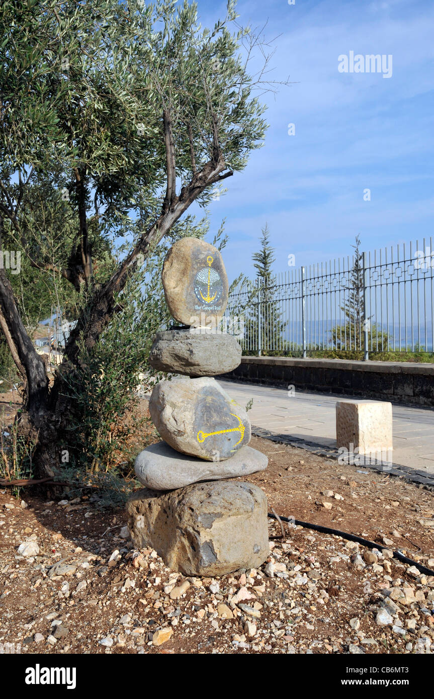 Signe informatif sur la route près de Capernaüm, Galilée, Israël, Asie, Moyen Orient Banque D'Images