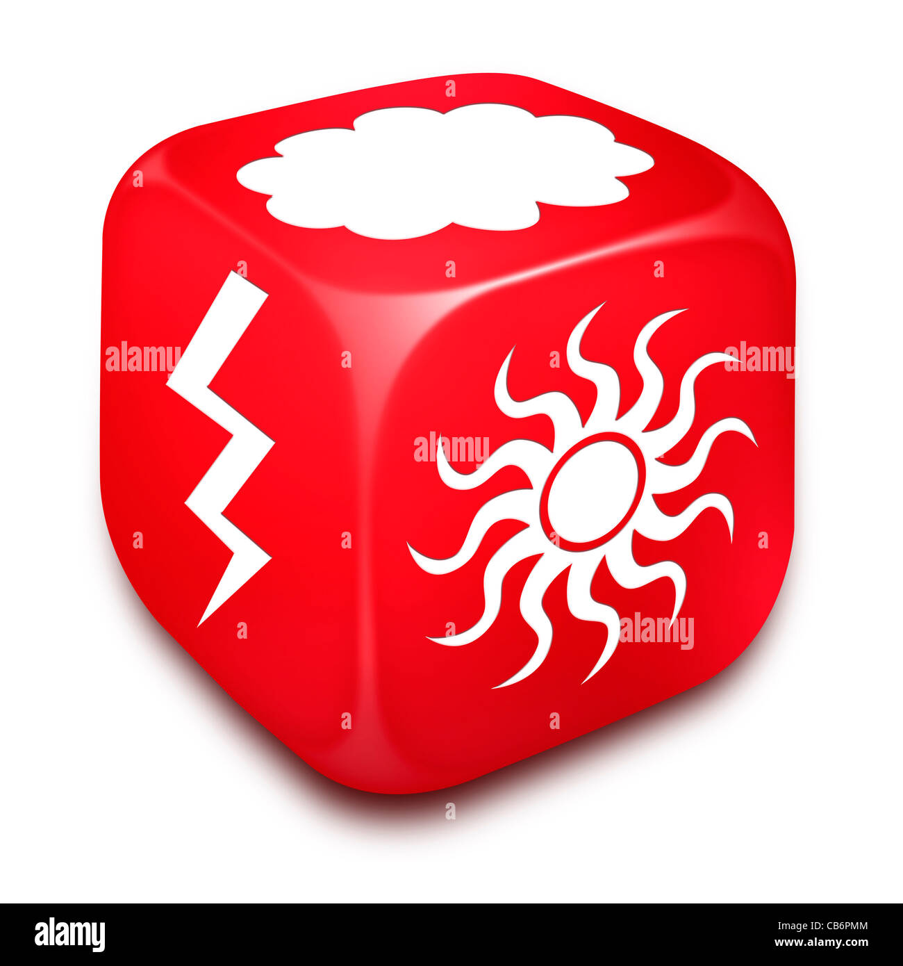 Red dice avec divers symboles du temps imprimé sur chaque côté. soleil, thunder/lightning et cloud. fond blanc, décoration Banque D'Images