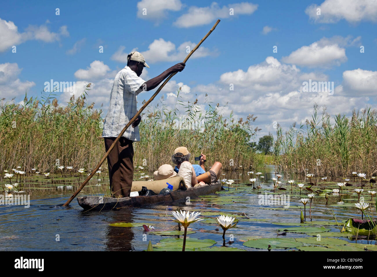 Les touristes voyageant en canot en bois traditionnel, mokoro / makoro dans le Delta de l'Okavango, Botswana, Africa Banque D'Images