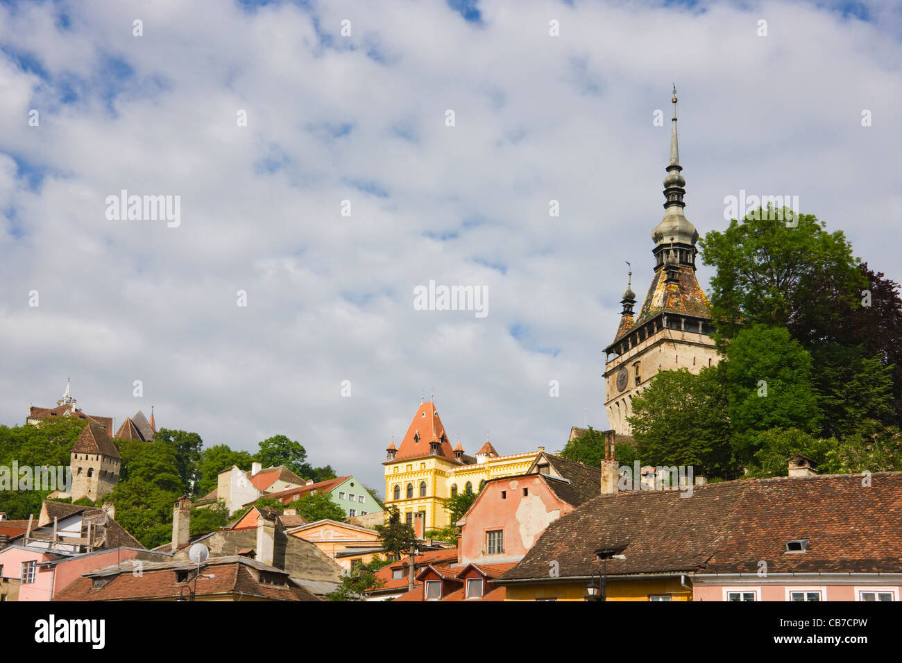 Son Église et la Tour de l'horloge à Sighisoara, UNESCO World Heritage site, Roumanie Banque D'Images