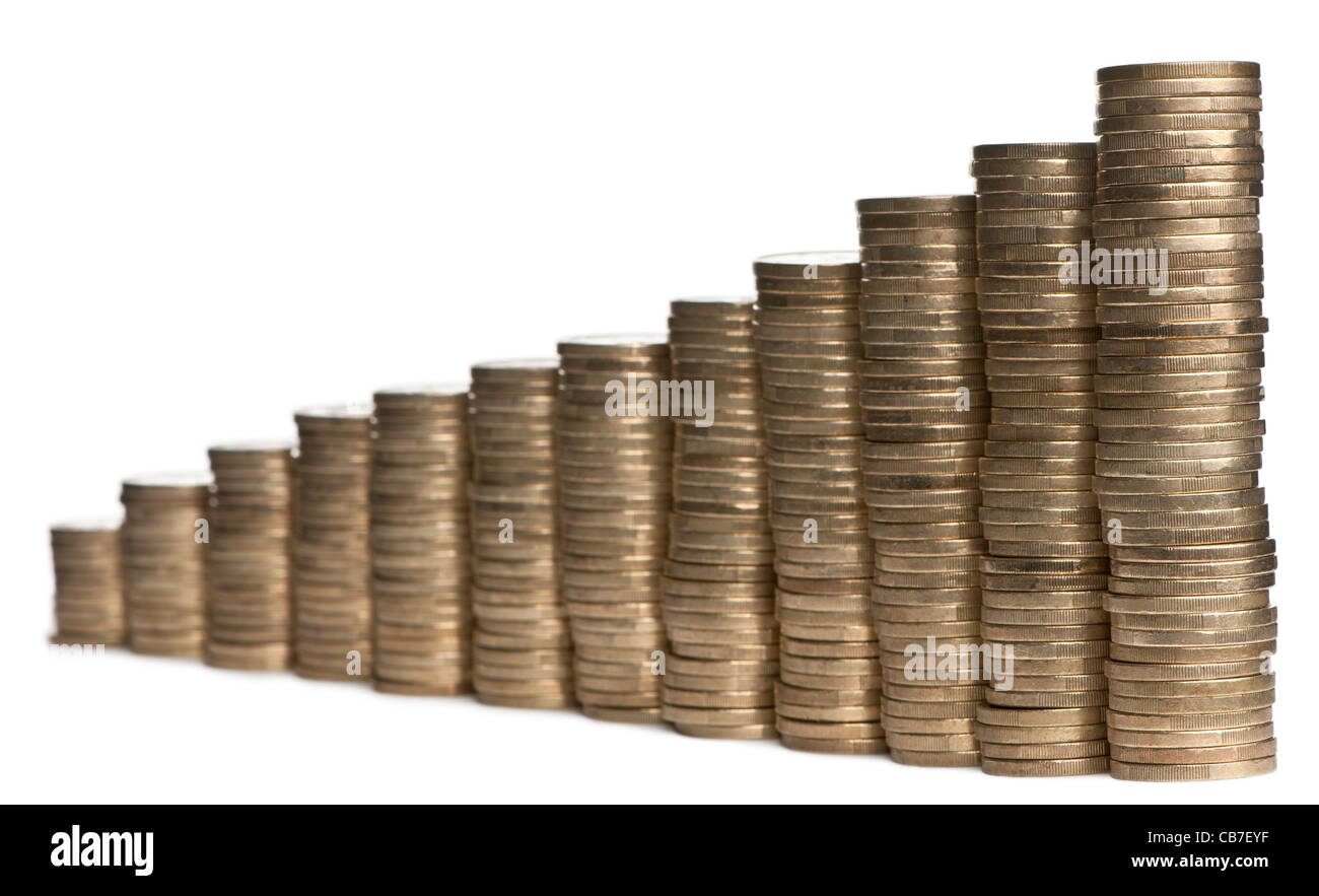 Des piles de 1 pièces en euro in front of white background Banque D'Images