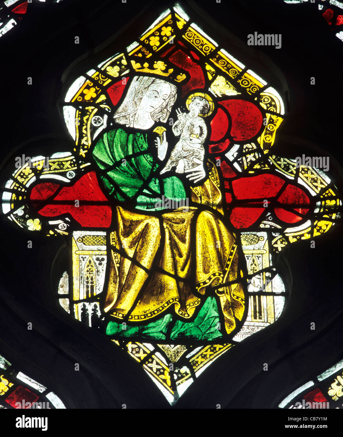 Vierge à l'enfant 14e siècle Nativité vitraux médiévaux North Elmham england UK English fenêtre windows de Noël Banque D'Images