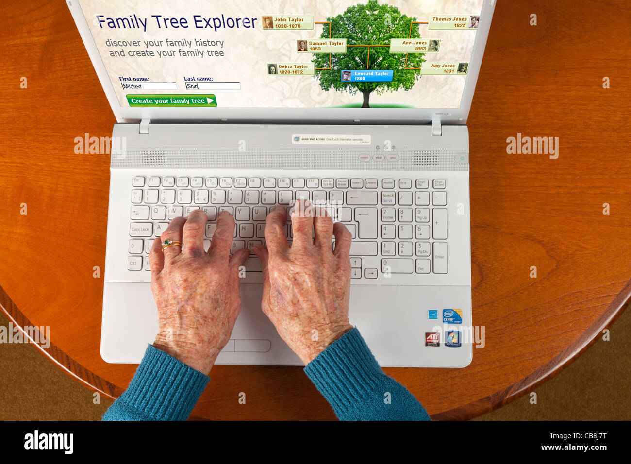 Les personnes âgées de sexe féminin la main à l'aide d'un ordinateur portable pour vérifier l'arbre de famille via internet Banque D'Images