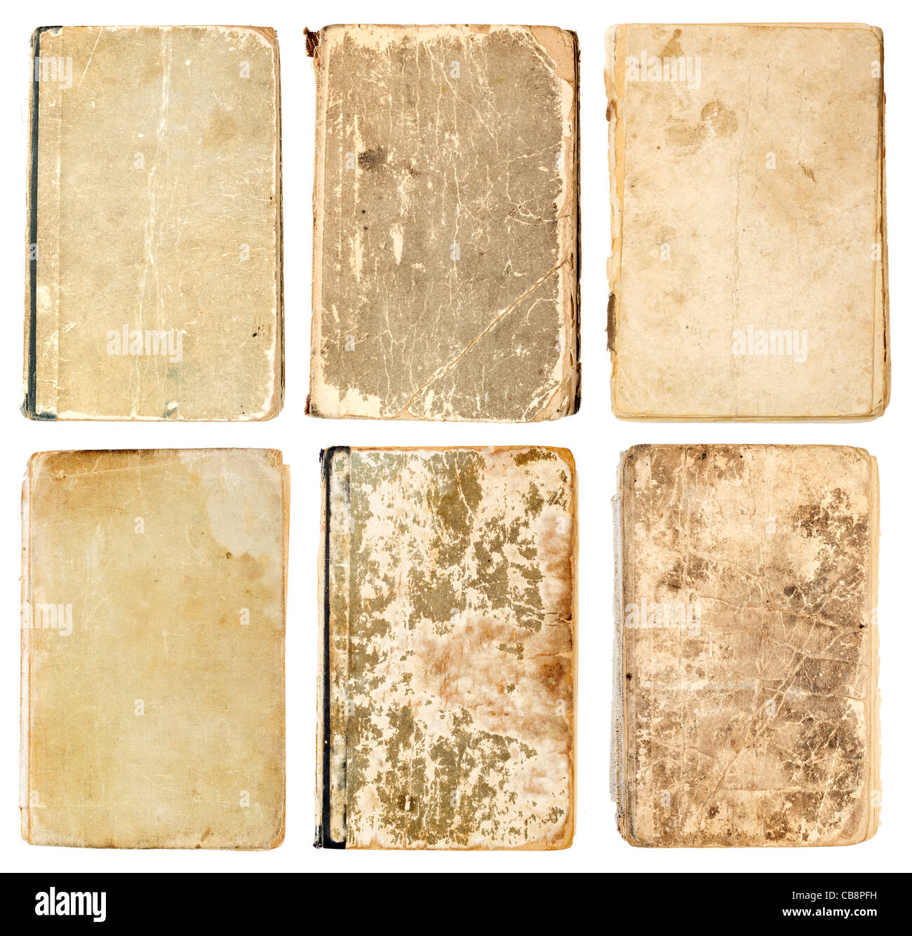 Livres anciens de différentes formes et couleurs. Isolé sur fond blanc. Banque D'Images