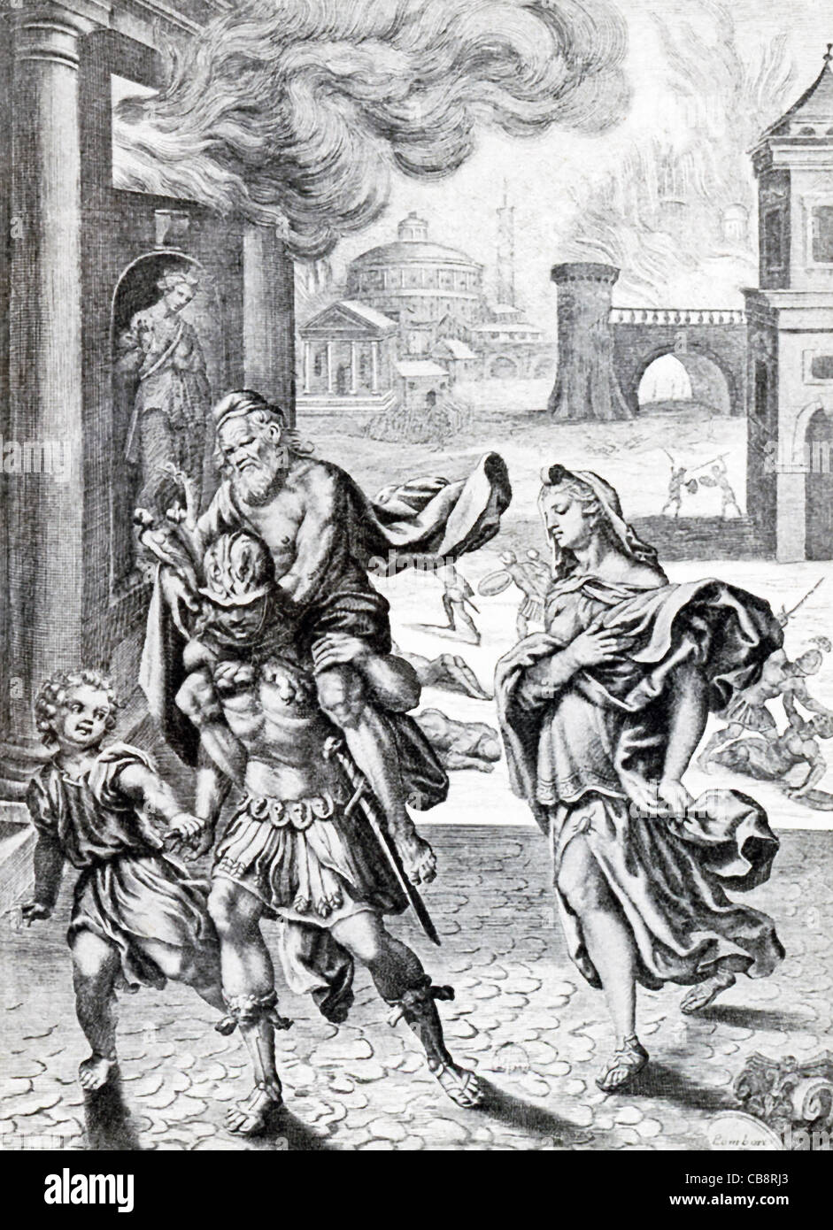 Énée s'enfuit avec Troy, père de Marin : Blouse, sur son épaule, l'Penates dans une main, et son fils Ascanius, dans l'autre, creusa derrière. Banque D'Images