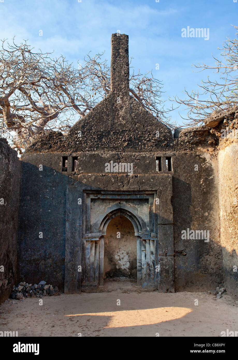Ruines de la mosquée Takwa, Manda Island, Lamu, Kenya Banque D'Images