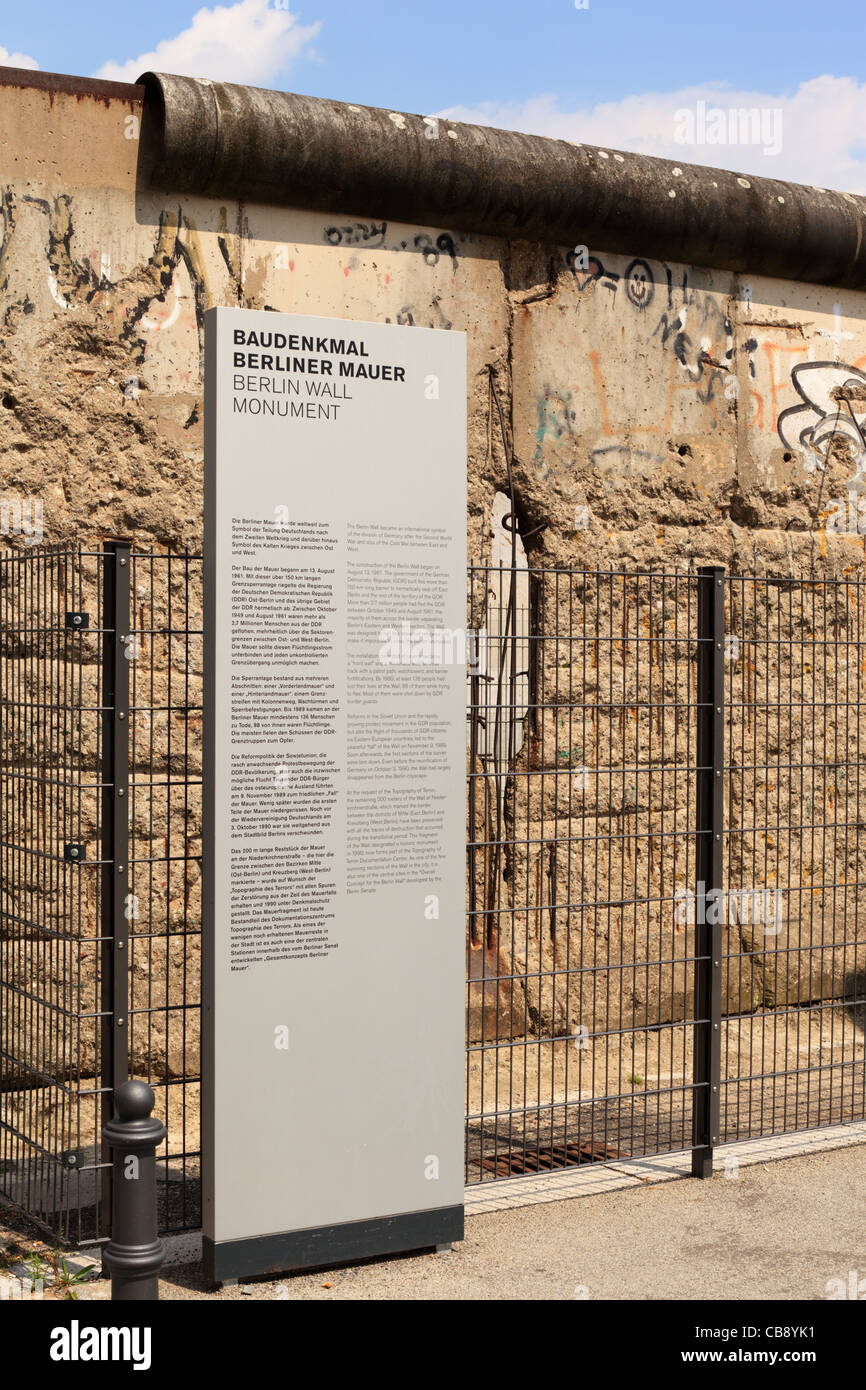 Le mur de Berlin Monument sur Niederkirchnerstrasse à Berlin, Allemagne. Banque D'Images