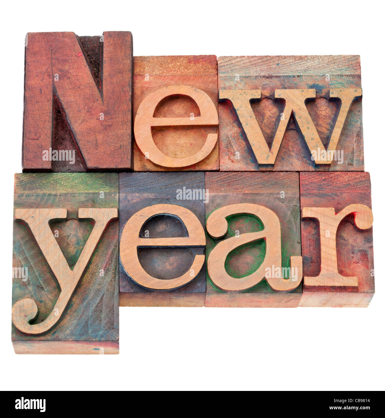 Nouvelle année - texte isolé en bois blocs typographie vintage Banque D'Images