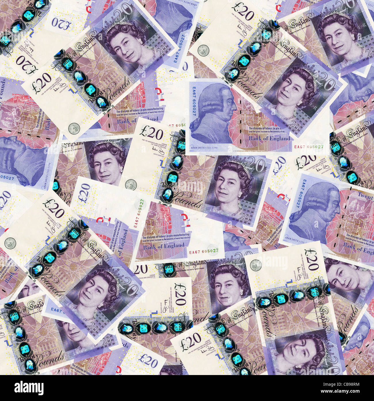 British vingt billets de 20 livres sterling en vue de dessus - 2011 design Banque D'Images