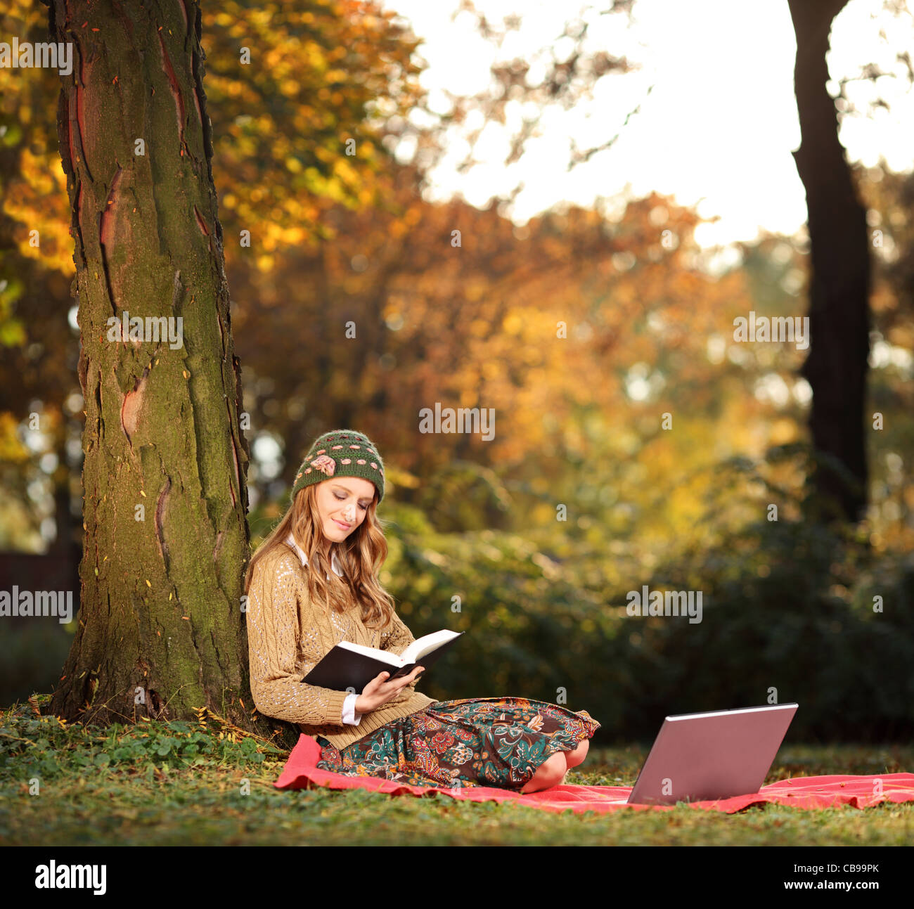 Une jeune femme lisant un livre Banque D'Images