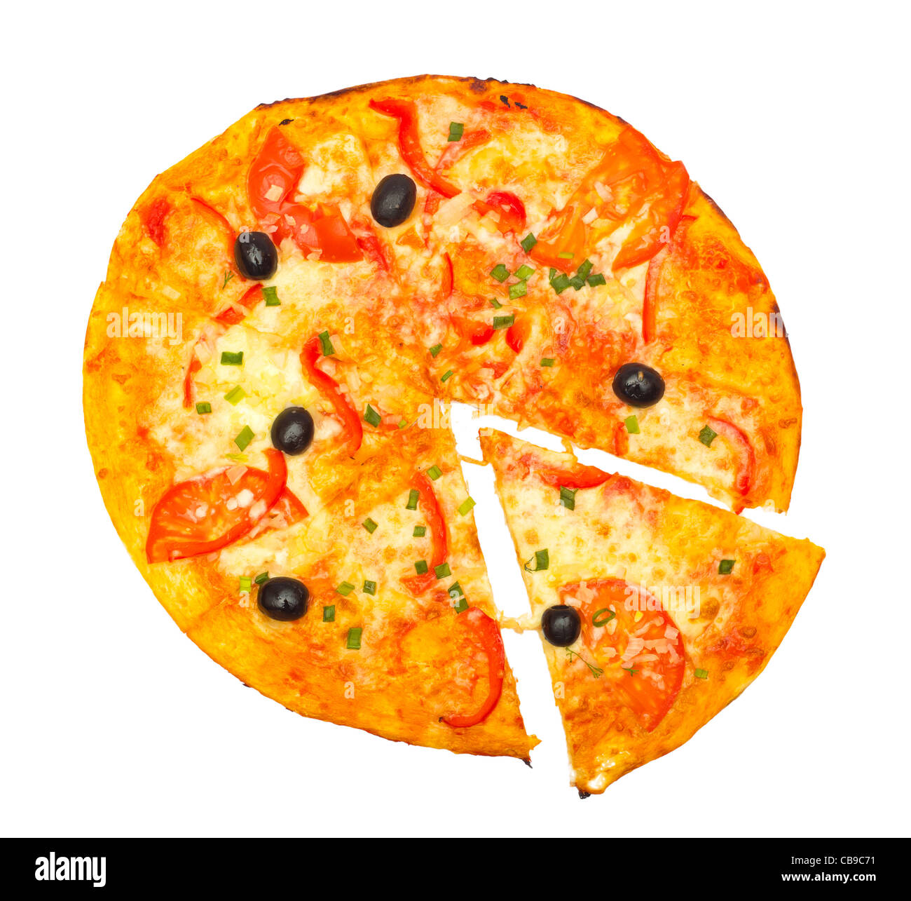 Avec la pizza coupée en tranches isolated on white Banque D'Images