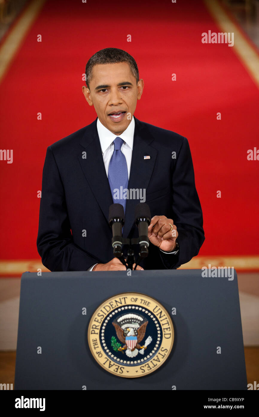 Le président Barack Obama traite de la nation de l'East Room de la Maison Blanche pour exposer son plan de mise en œuvre de la tirer vers le bas des troupes américaines en Afghanistan, le 22 juin 2011 à Washington, DC. Banque D'Images