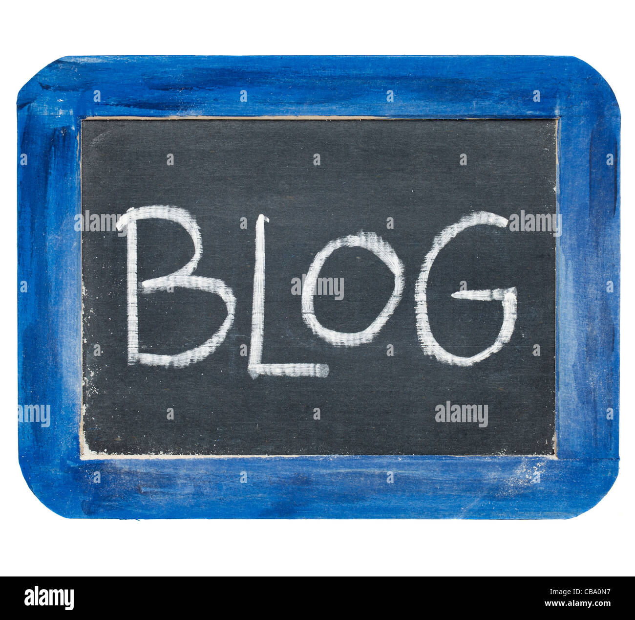 Blog word - craie blanche sur tableau noir ardoise ancienne écriture avec cadre en bois bleu grunge Banque D'Images