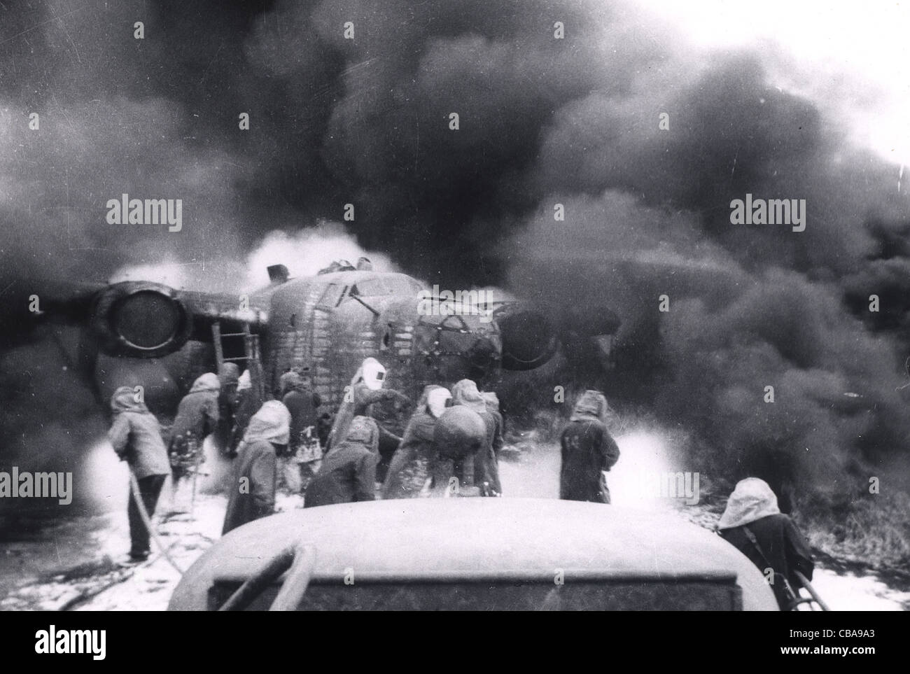 B24 liberator en feu au cours d'une formation des équipages USAAF WW11 Banque D'Images