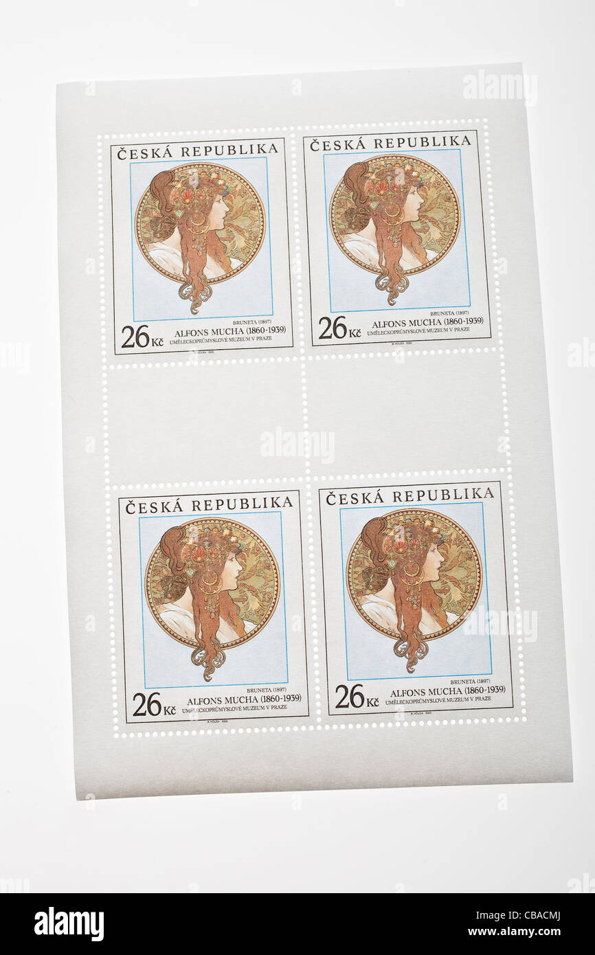 République tchèque 26 timbres-poste dénomination couronnes avec motif Brunette par le peintre Alfons Mucha (1860-1939). (CTK Photo/Martin Sterba) Banque D'Images