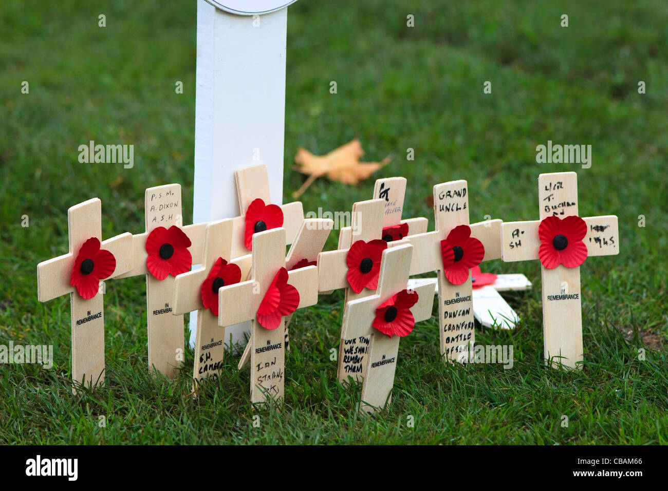 Petit crucifix écrit à la main dans un jardin commémoratif de guerre avec les noms des soldats décédés Banque D'Images