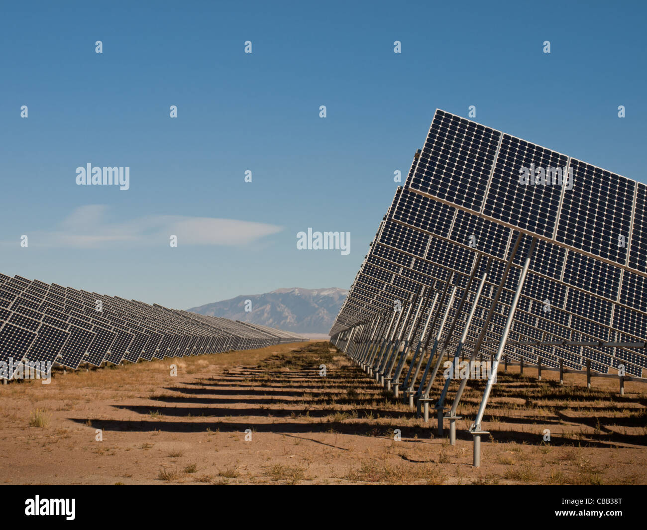 Une série de grands panneaux solaires forme une ligne symétrique à une centrale électrique dans la vallée de San Luis Colorado central. Ces panneaux utilisent un système de suivi pour suivre le soleil, la collecte de l'énergie et l'utilisation de cellules photovoltaïques pour transformer la lumière du soleil en électricité. Banque D'Images