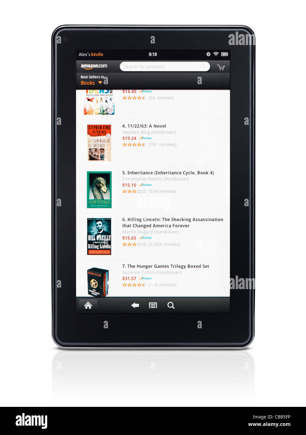 Ordinateur tablette Kindle Fire e-book reader avec Amazon book store sur son affichage isolé sur fond blanc Banque D'Images