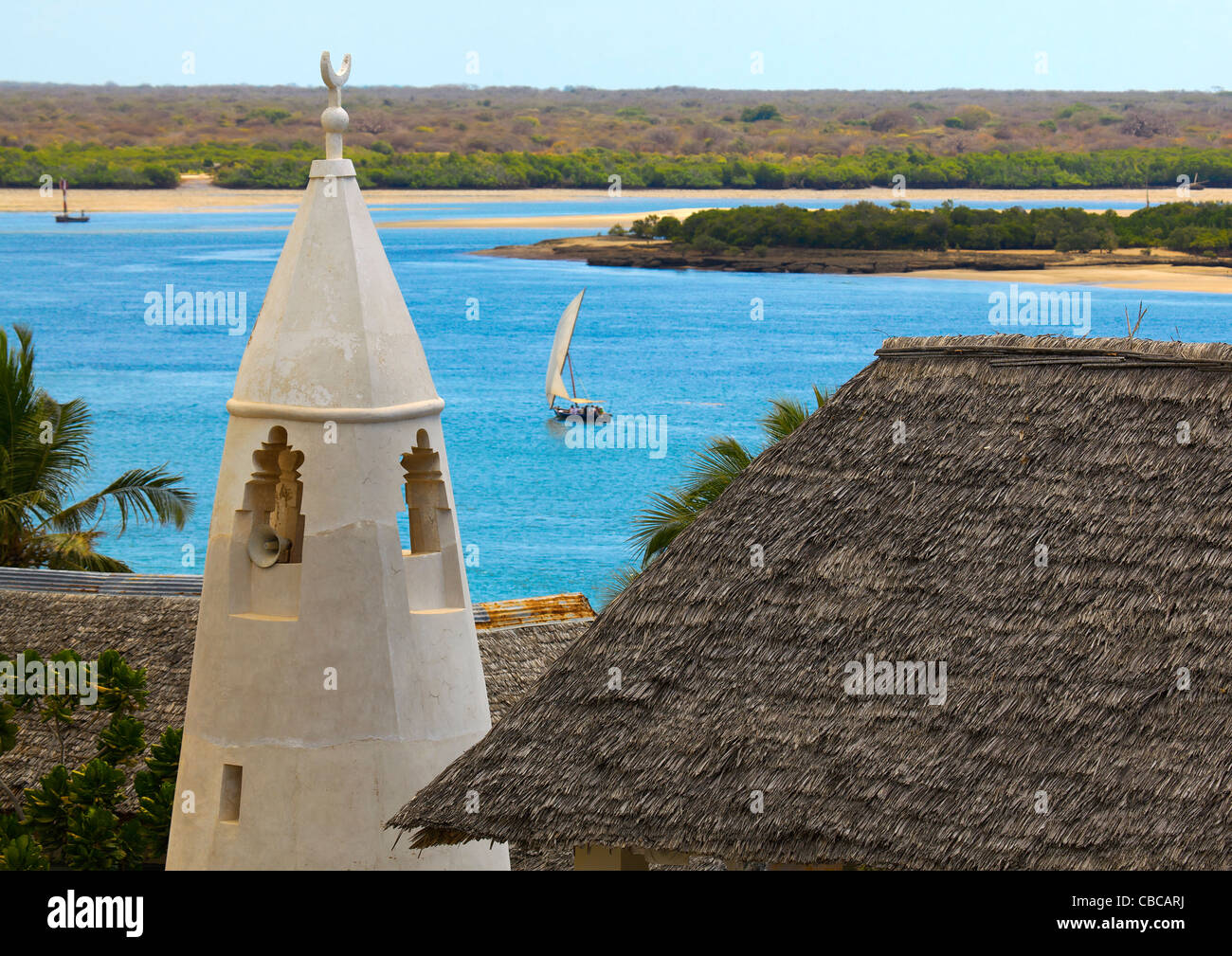 Une vue de la mosquée de vendredi et le Minaret sur Shela Lamu, Kenya Banque D'Images