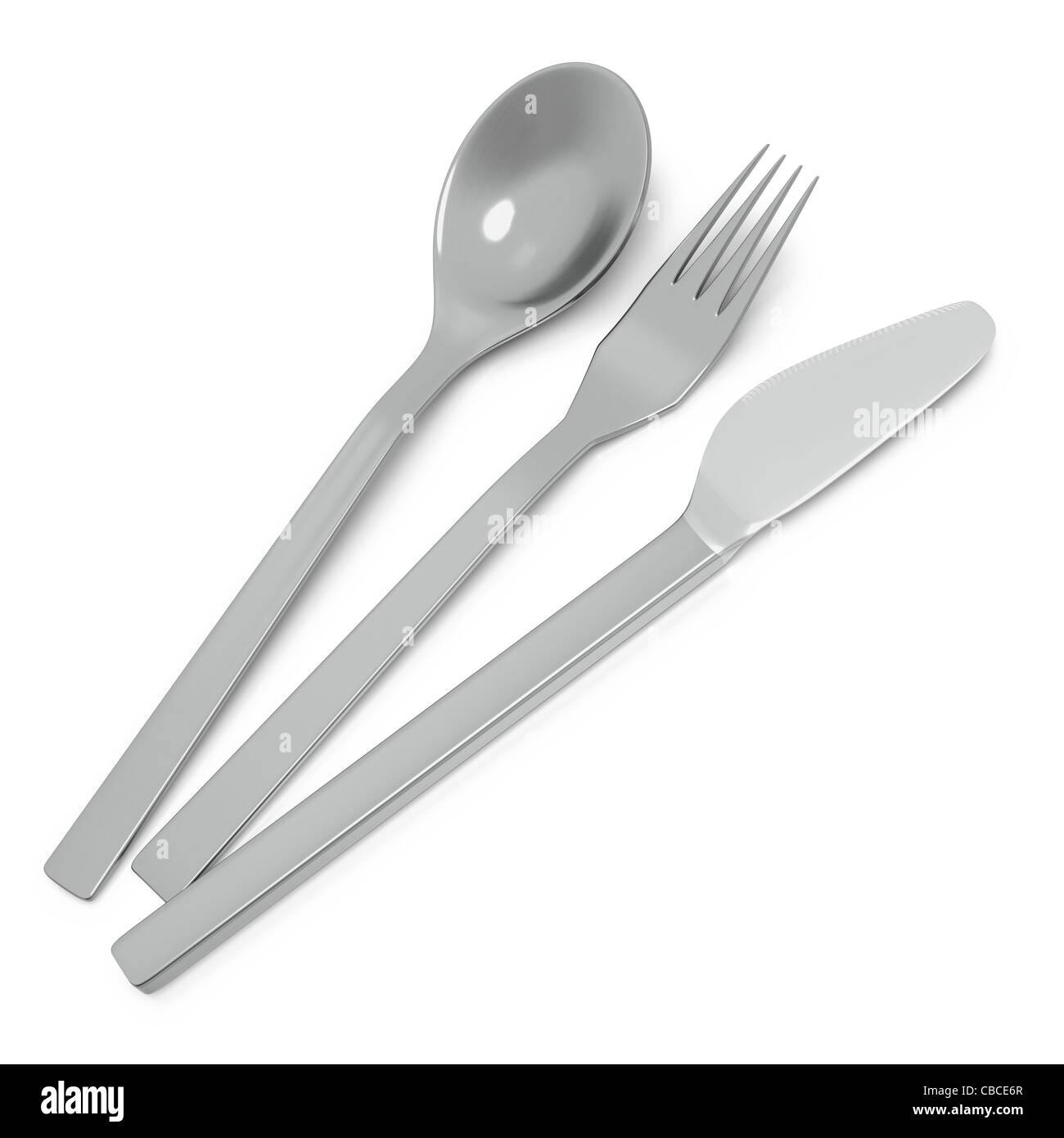 Couteau, fourchette et cuillère sur fond blanc Banque D'Images
