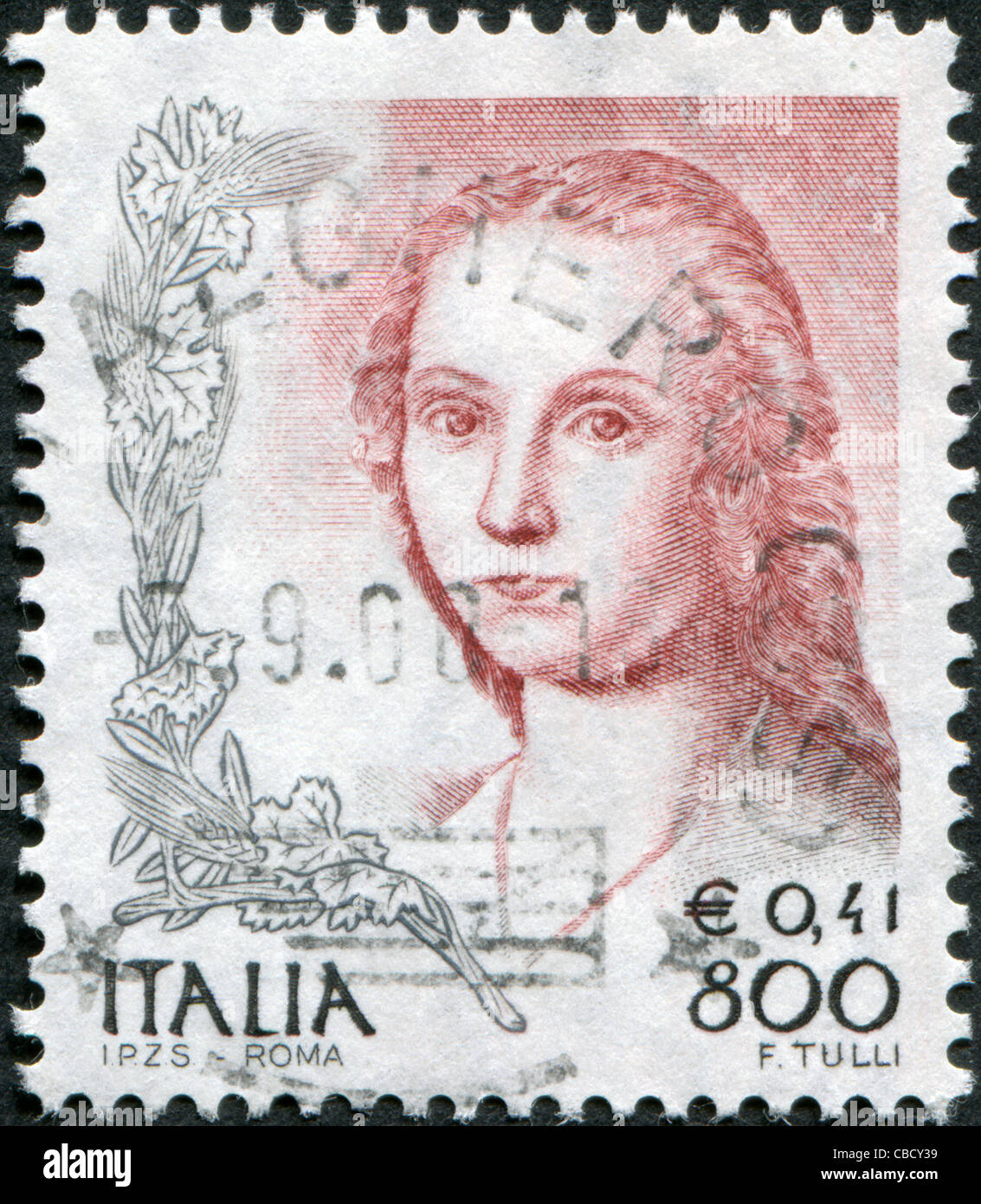 Italie - circa 1998 : timbre imprimé en Italie, montre la dame à la Licorne, par Raphaël, vers 1998 Banque D'Images