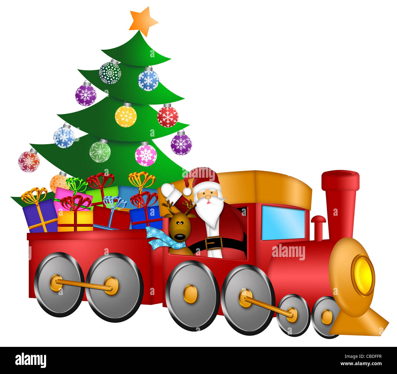 Le Père Noël et les rennes offrant des cadeaux en train rouge avec Illustration de l'arbre de Noël Banque D'Images