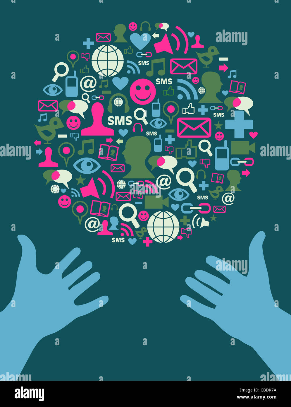 Social media Icon Set en forme de la terre et deux mains humaines bleu étendu. Fichier vecteur disponible. Banque D'Images