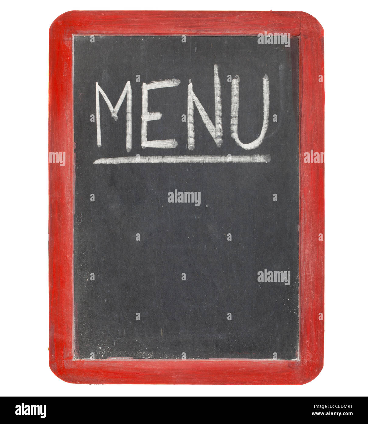 Mot menu dans l'écriture de craie blanche sur un tableau noir ardoise vintage, copie espace ci-dessous, isolated on white Banque D'Images