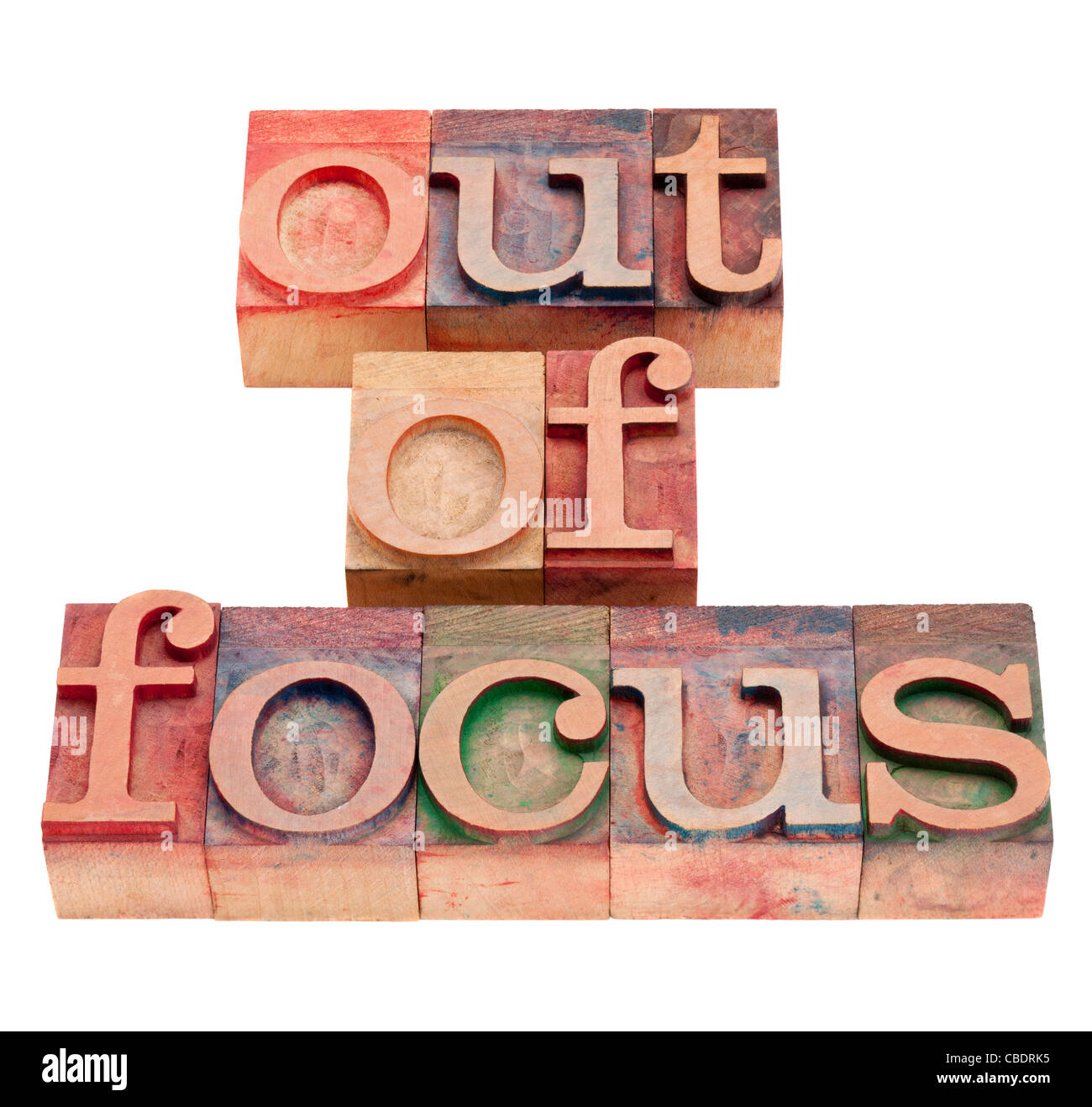 Out of focus - phrase isolée en bois blocs typographie vintage Banque D'Images