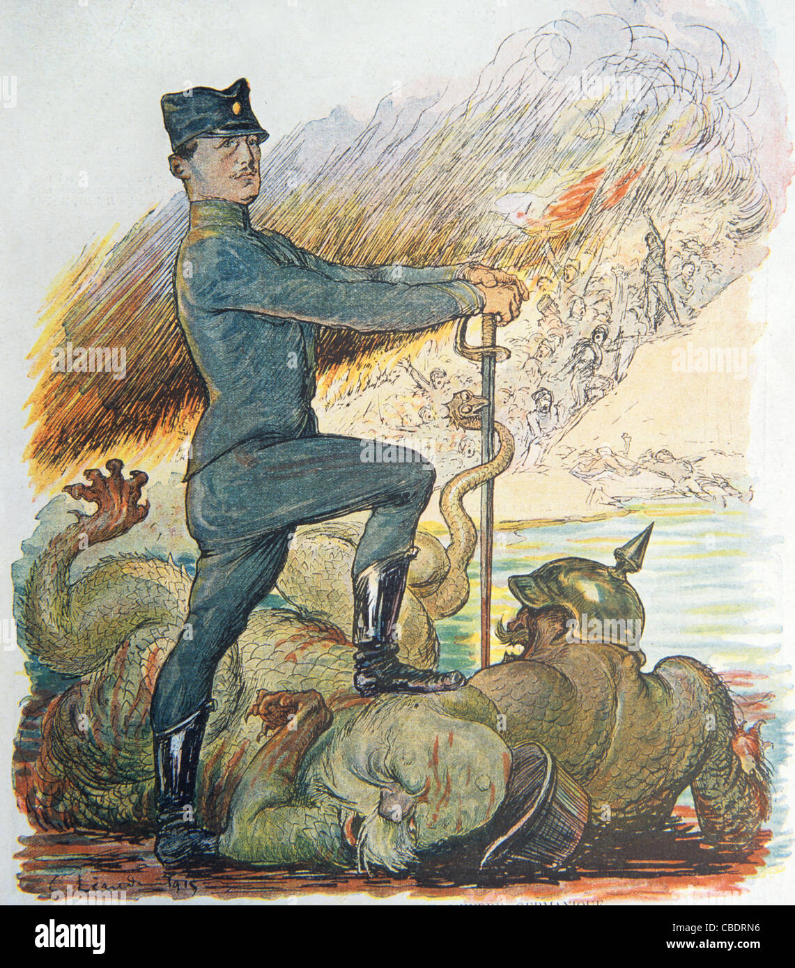 Alexandre Ier de Yougoslavie terrorisant l'Hydra allemande. War Edition du magazine satirique français « le Rire » Mars 1915. Illustration vintage Banque D'Images