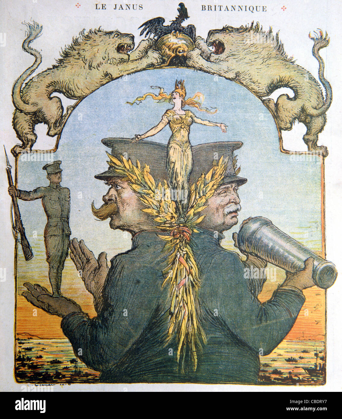 Le Janus britannique - Lord Kitchener et David Lloyd George. Couverture de l'édition Guerre du magazine satirique français « le Rire », juin 1915 Banque D'Images
