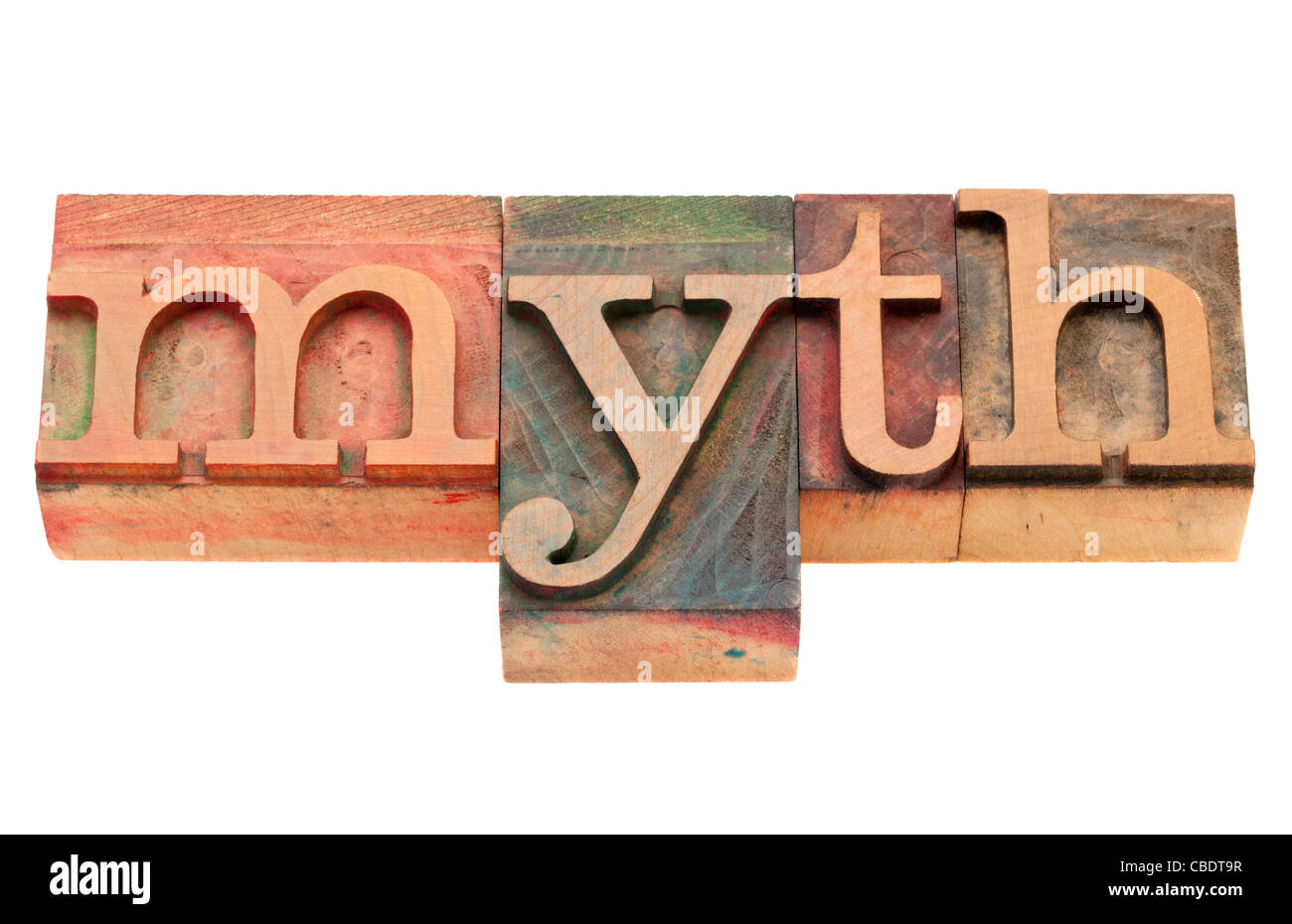 Impression bois vintage blocks spelling mot mythe, isolated on white Banque D'Images