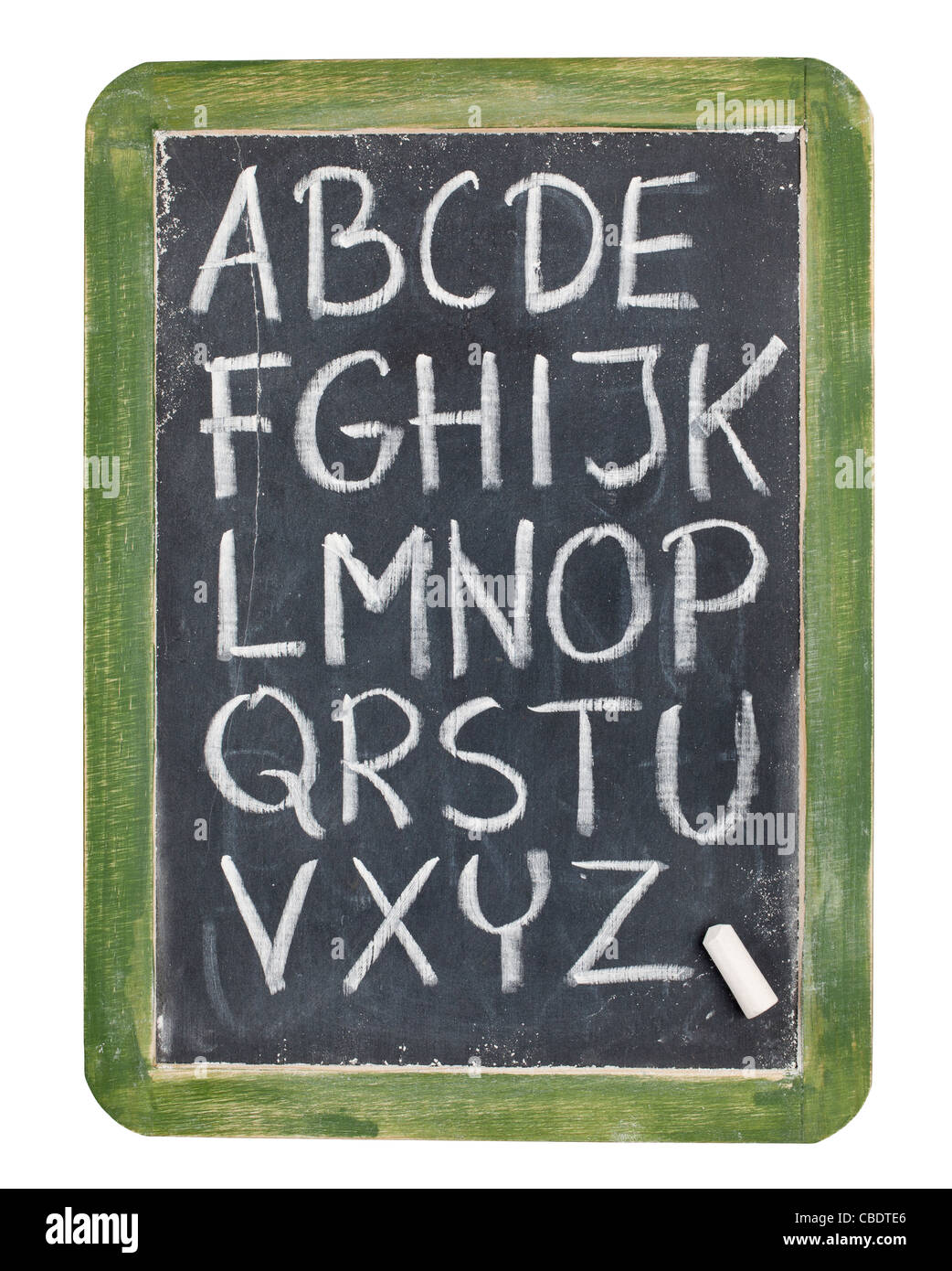 Alphabet anglais - écriture rugueuse avec craie blanche sur tableau noir ardoise ancienne, isolated on white Banque D'Images