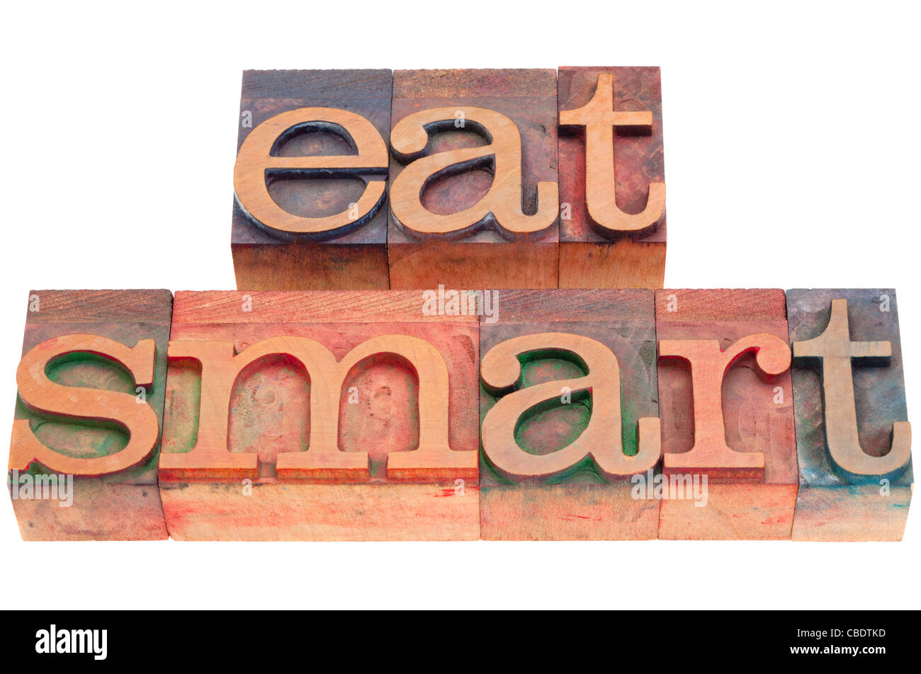 Concept de régime - mangez une phrase dans la typographie vintage wood blocks isolated on white Banque D'Images