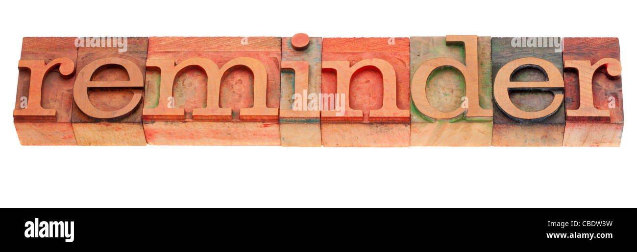 Mot de rappel dans la typographie vintage wood blocks, tachés par les encres de couleur, isolated on white Banque D'Images