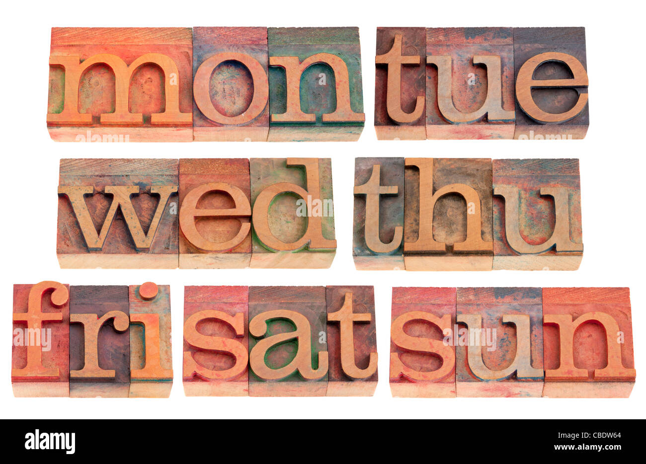 7 jours de semaine (3 premières lettres) dans la typographie vintage wood blocks, isolated on white Banque D'Images
