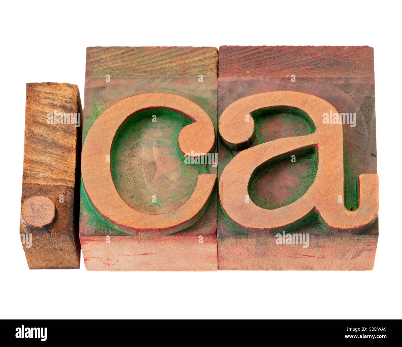 Point ca - domaine internet pour le Canada dans la typographie en bois vintage blocks, tachés par les encres de couleur, isolated on white Banque D'Images