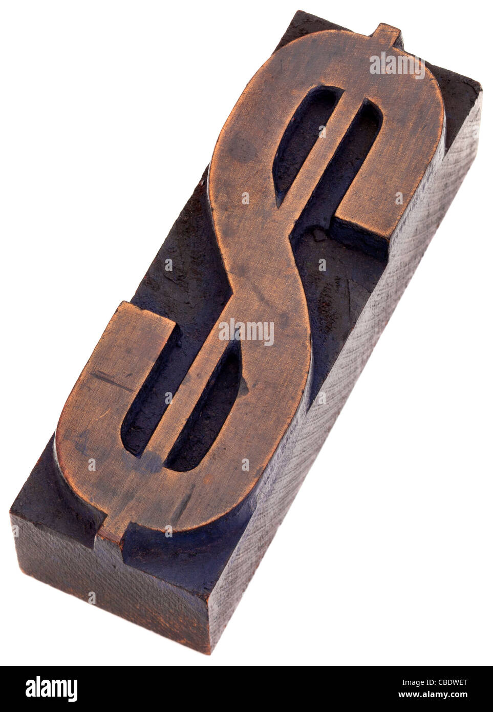Le symbole du dollar dans la typographie vintage wood blocks, tachés par les encres de couleur, isolated on white Banque D'Images
