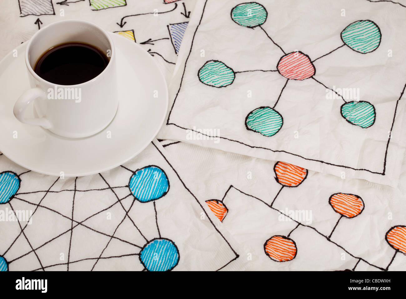 Différents schémas de réseau esquissé sur Blanc Serviettes hygiéniques avec une tasse de café expresso Banque D'Images