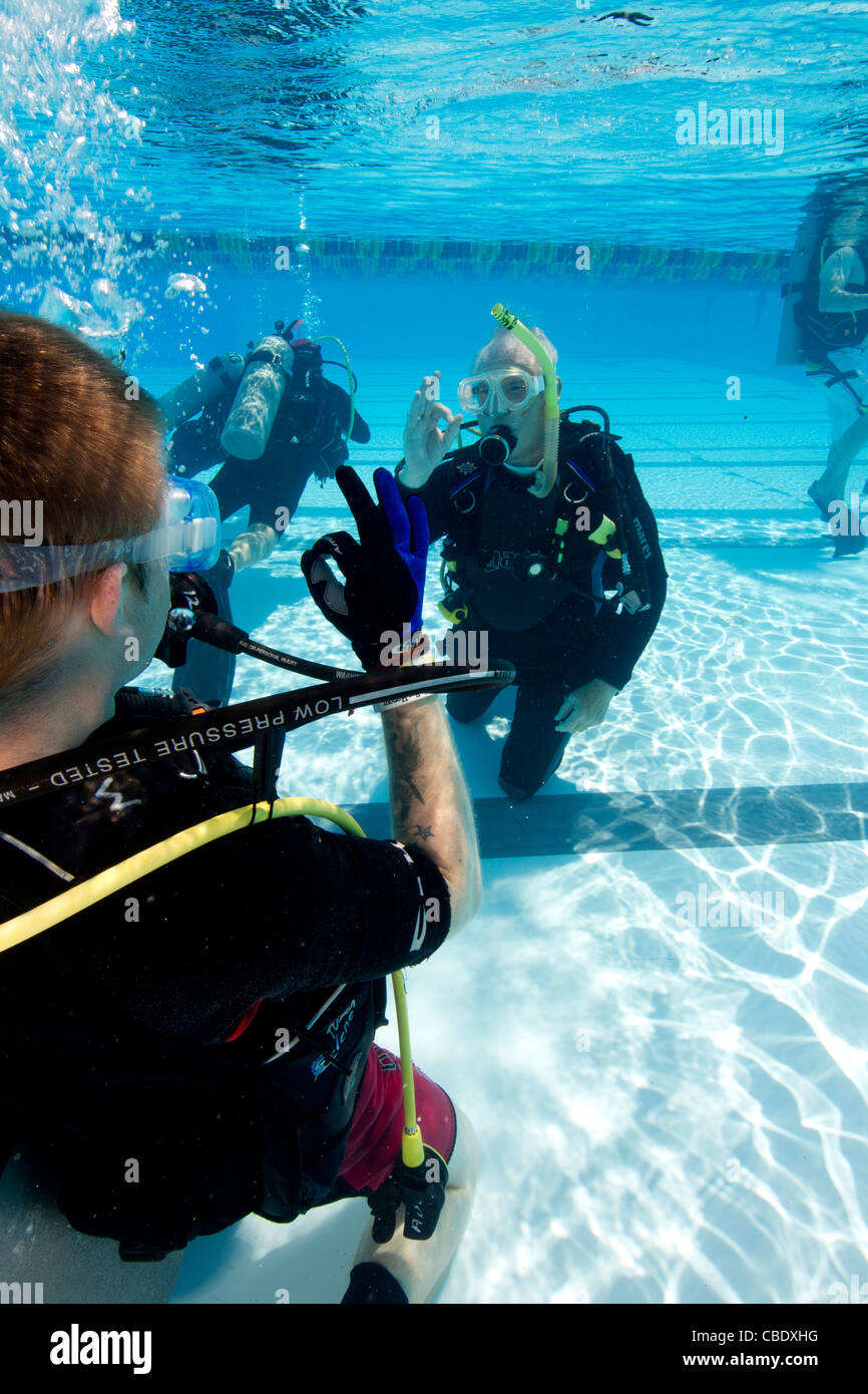 La formation en plongée comme une forme de thérapie dans l'eau et de réhabilitation pour les blessés militaires. Banque D'Images