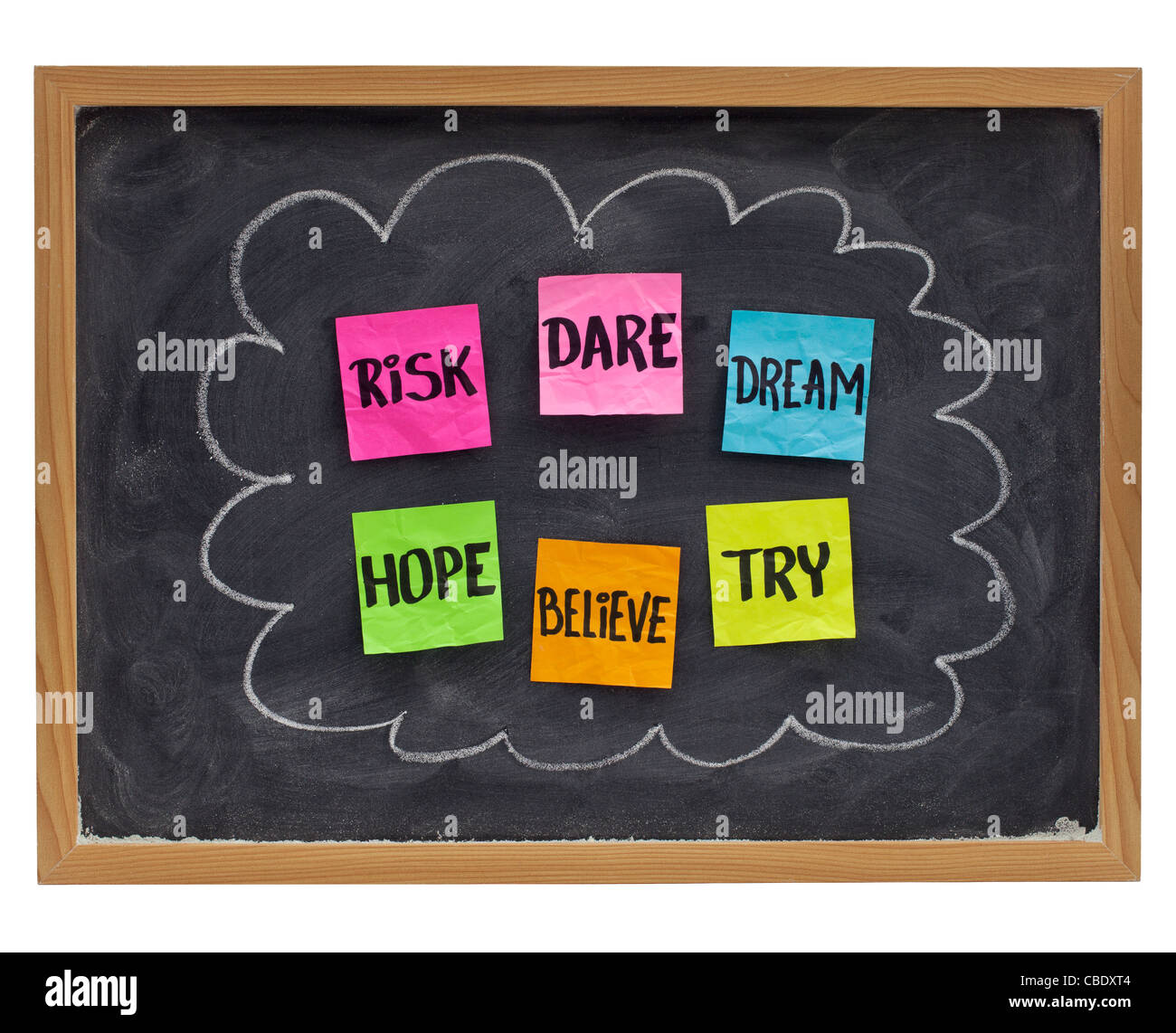 Concept de motivation (l'espoir, croire, oser, risque, essayez,dream) - notes adhésives sur tableau noir Banque D'Images