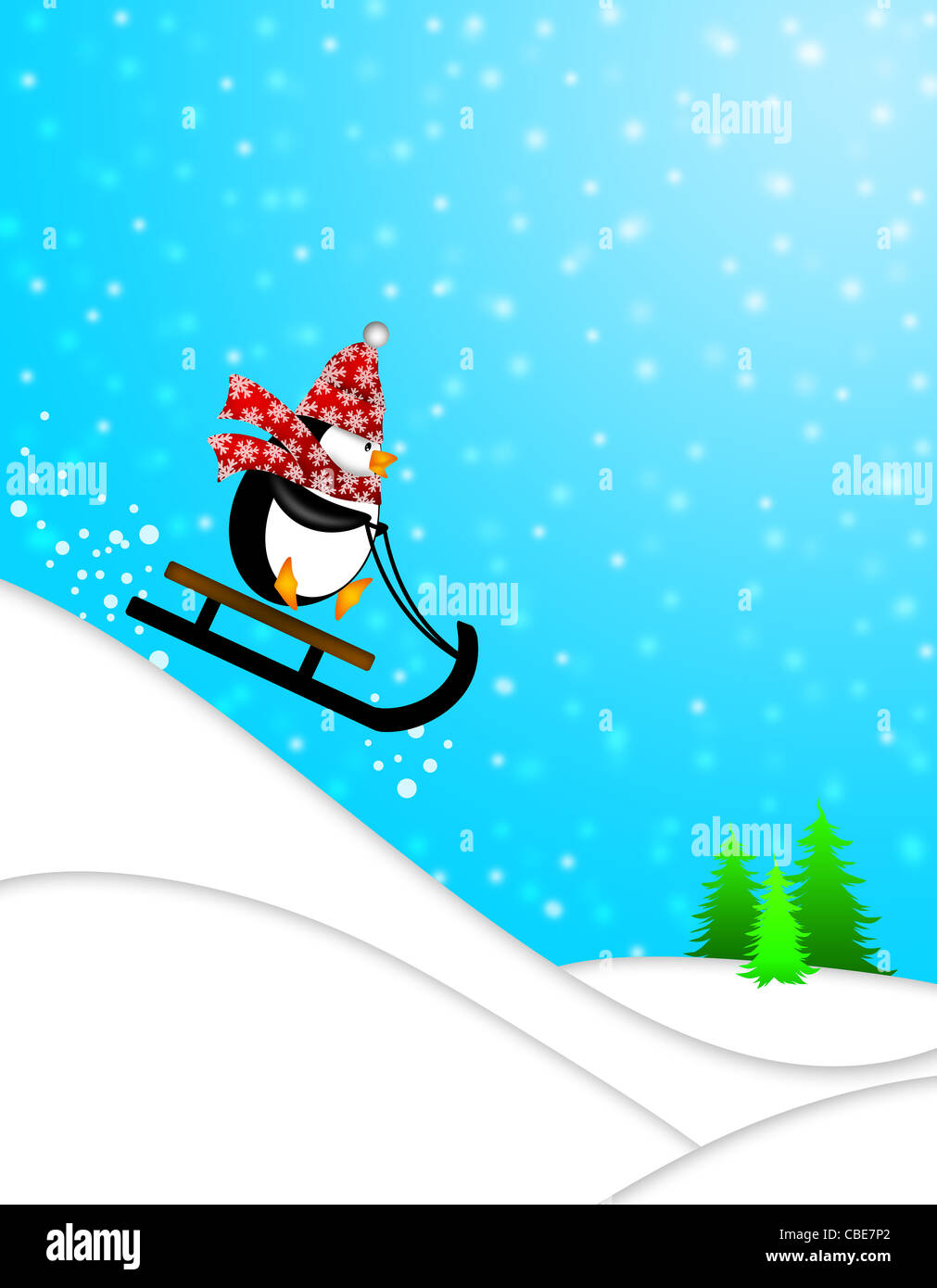 Avec les flocons de Noël Pingouin écharpe Équitation Traîneau sur l'illustration  de descente Photo Stock - Alamy