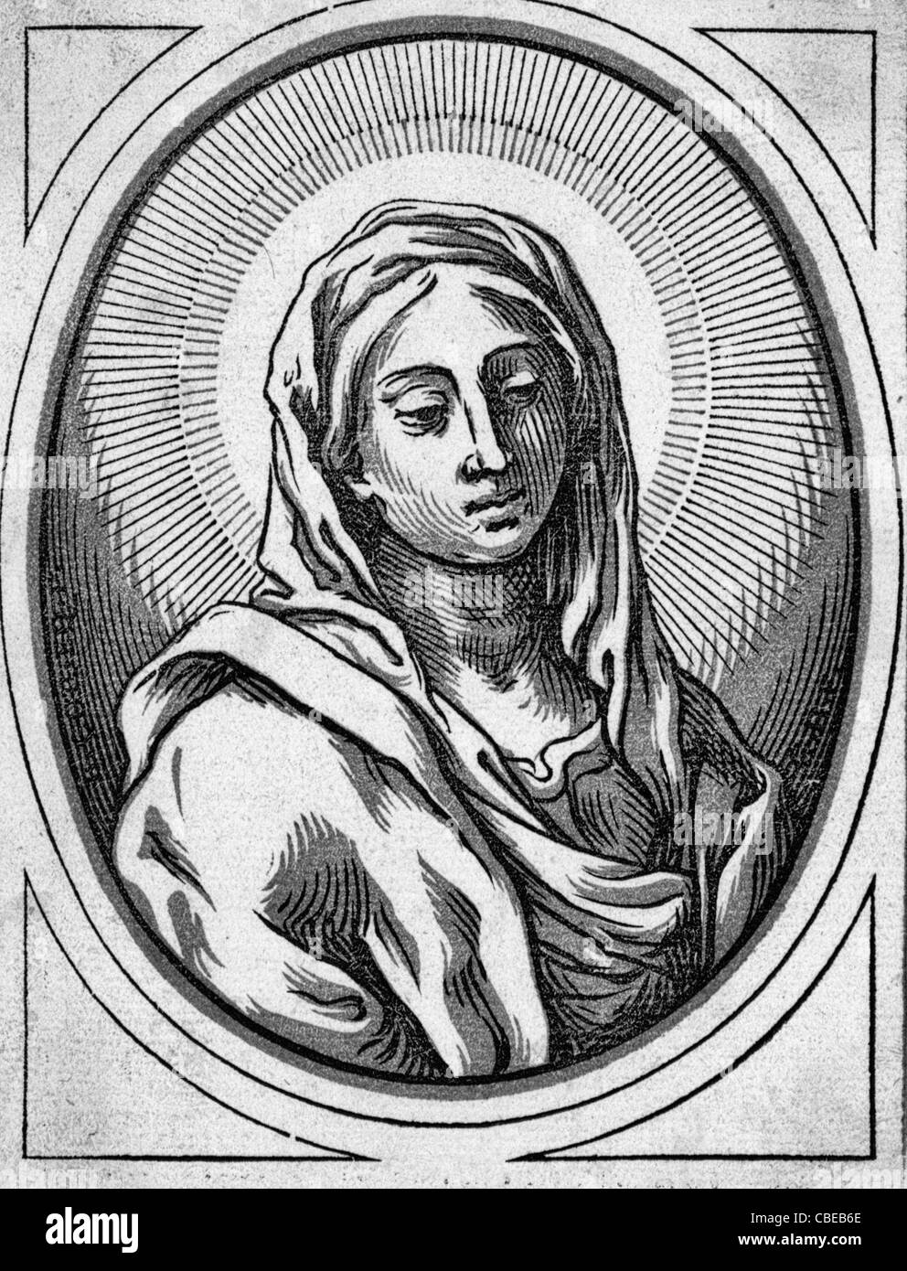 Chef de la Vierge - gravure sur bois de la tête de la Vierge Marie Banque D'Images