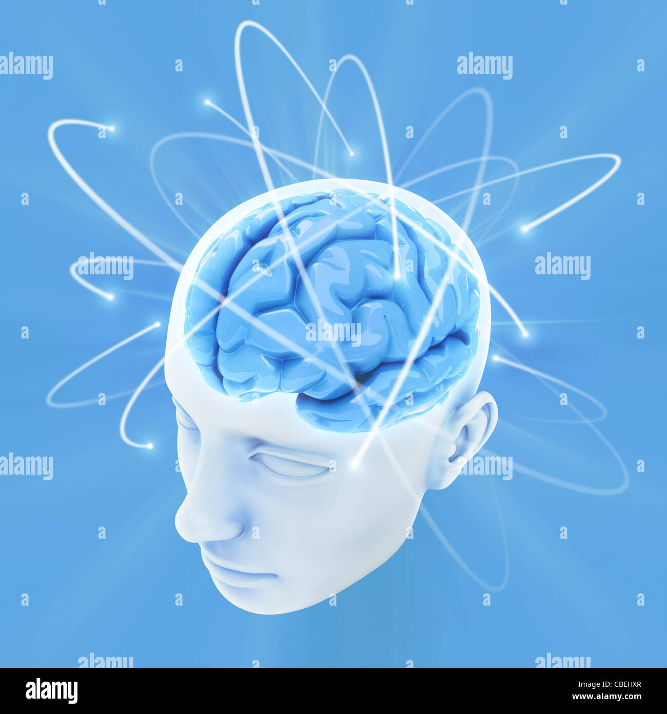 L'énergie par tête lumineuse du cerveau. Concept de pensée, la puissance de l'esprit. Banque D'Images