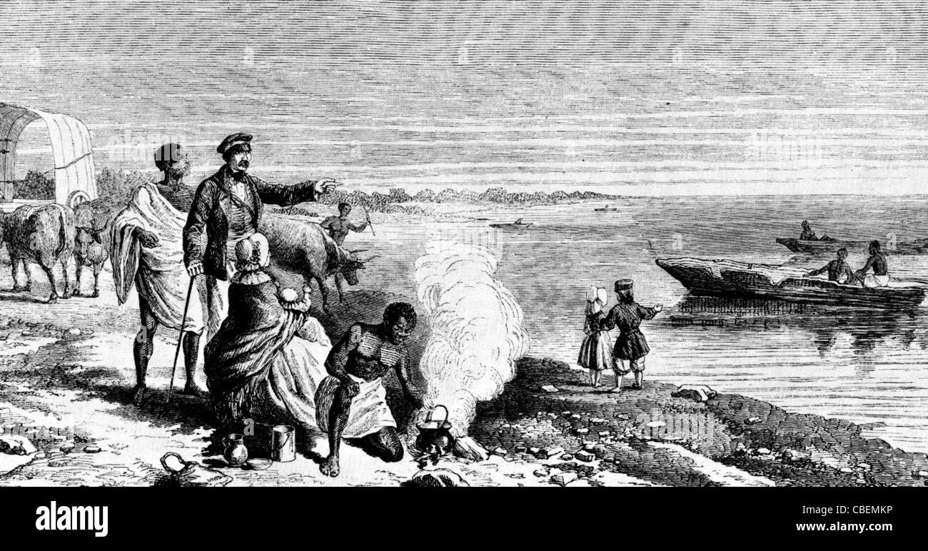 DAVID LIVINGSTONE avec son épouse Marie et leurs trois enfants au bord du lac Ngami dans ce qui est maintenant le Botswana, à son retour, visite en 1850 Banque D'Images