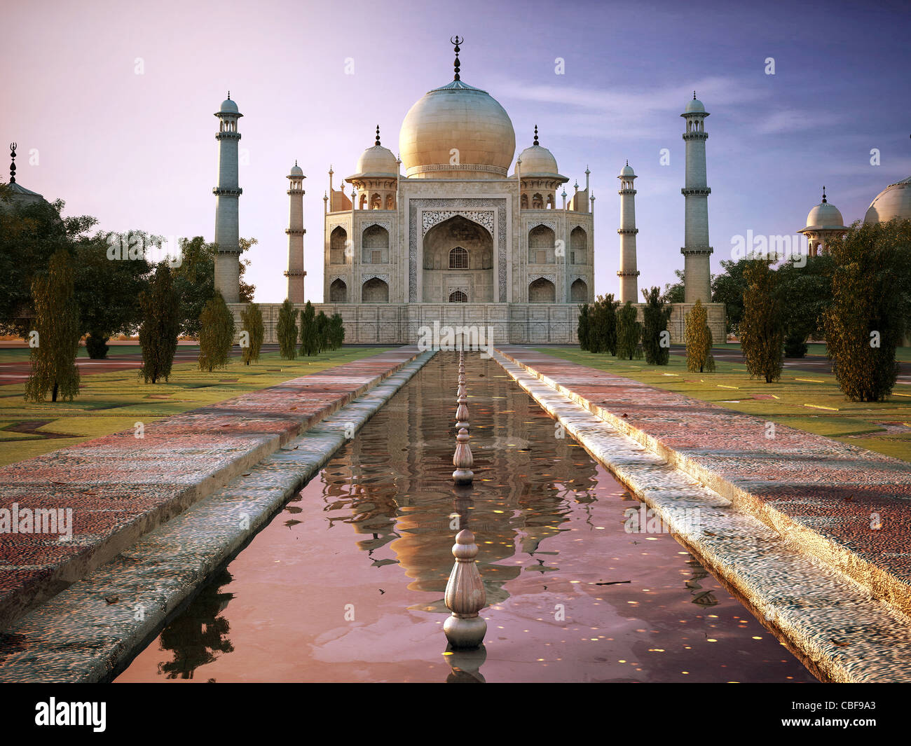 Taj Mahal à l'heure du coucher du soleil, vue de face, centrée sur la piscine, avec vue sur les côtés. Banque D'Images