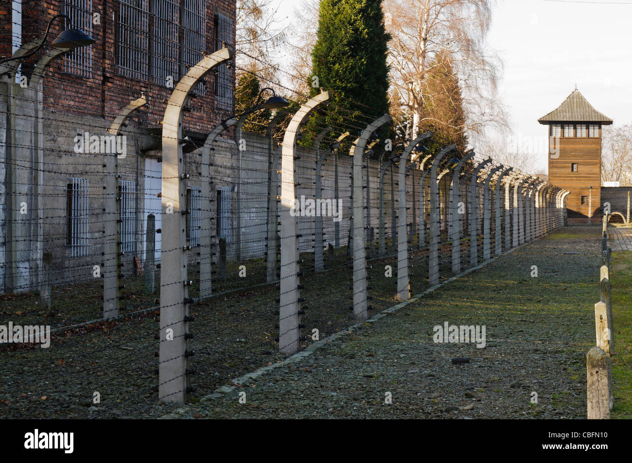 Clôture électrique à Auschwitz camp de concentration nazi Banque D'Images